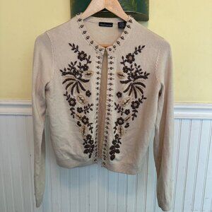 Embellished Silk & Cotton Cardigan Sweater With Beaded Floral Design By Moda Int